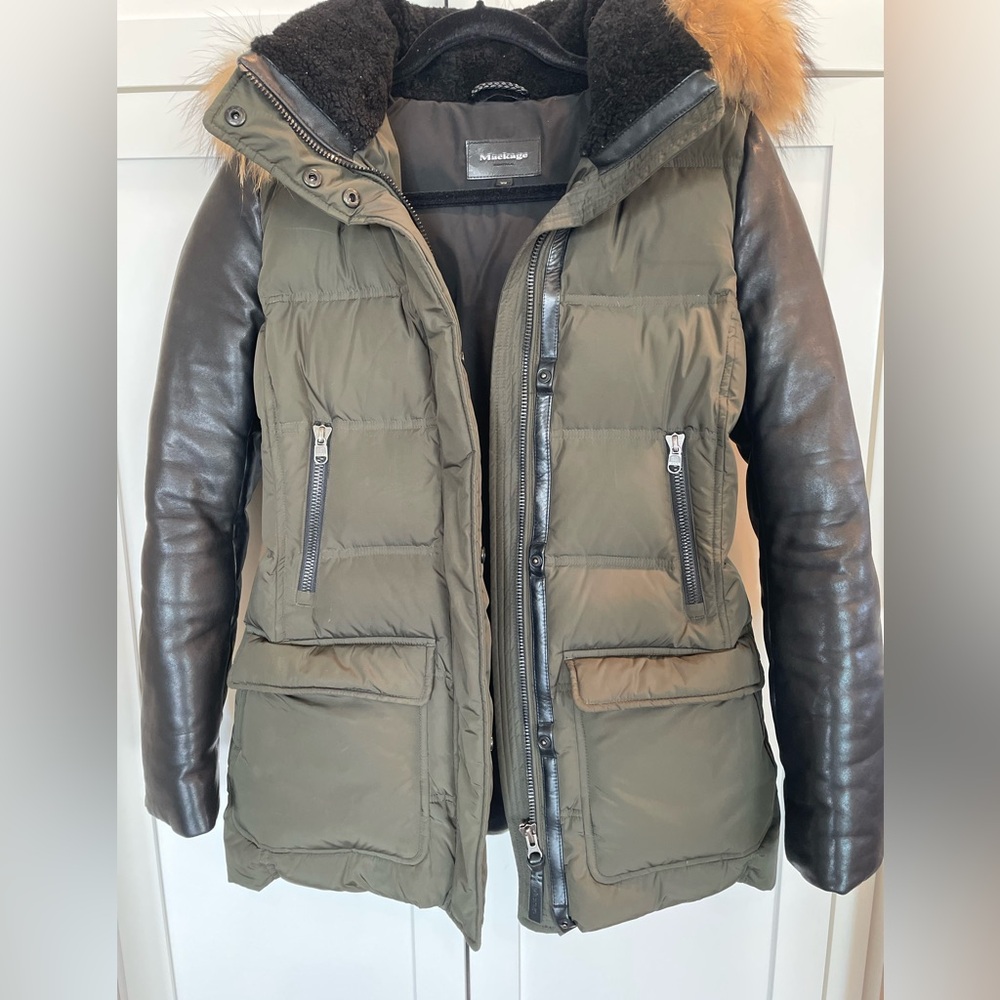 MACKAGE Green Down puffer with black Leather sleeves and detachable fur hood.